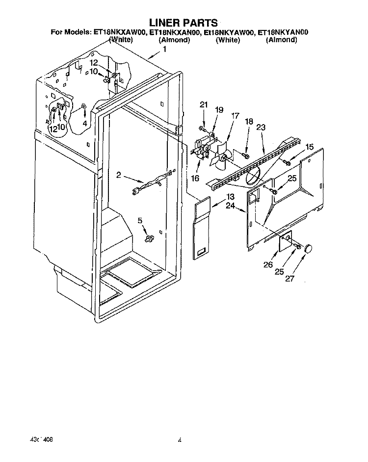 LINER Diagram and Parts List for ET18NKYAW00  Whirlpool Refrigerator