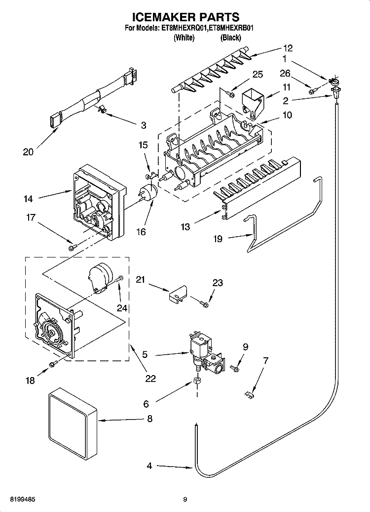 ICEMAKER PARTS Diagram and Parts List for ET8MHEXRB01  Whirlpool Refrigerator