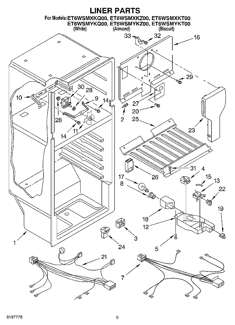 LINER Diagram and Parts List for ET6WSMYKT00  Whirlpool Refrigerator