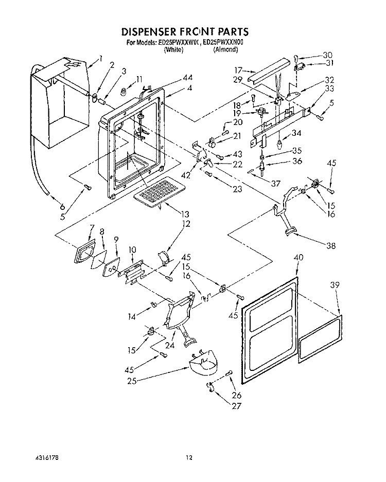 DISPENSER FRONT Diagram and Parts List for ED25PWXXN00  Whirlpool Refrigerator