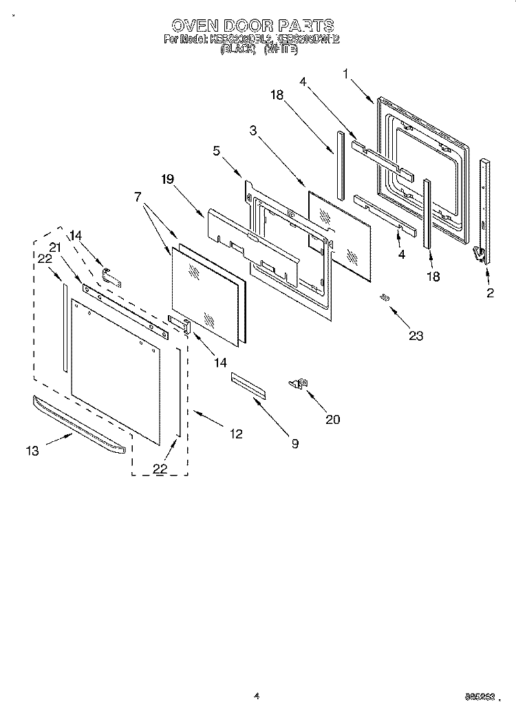 OVEN DOOR Diagram and Parts List for KEBS208DBL2  KitchenAid Wall Oven