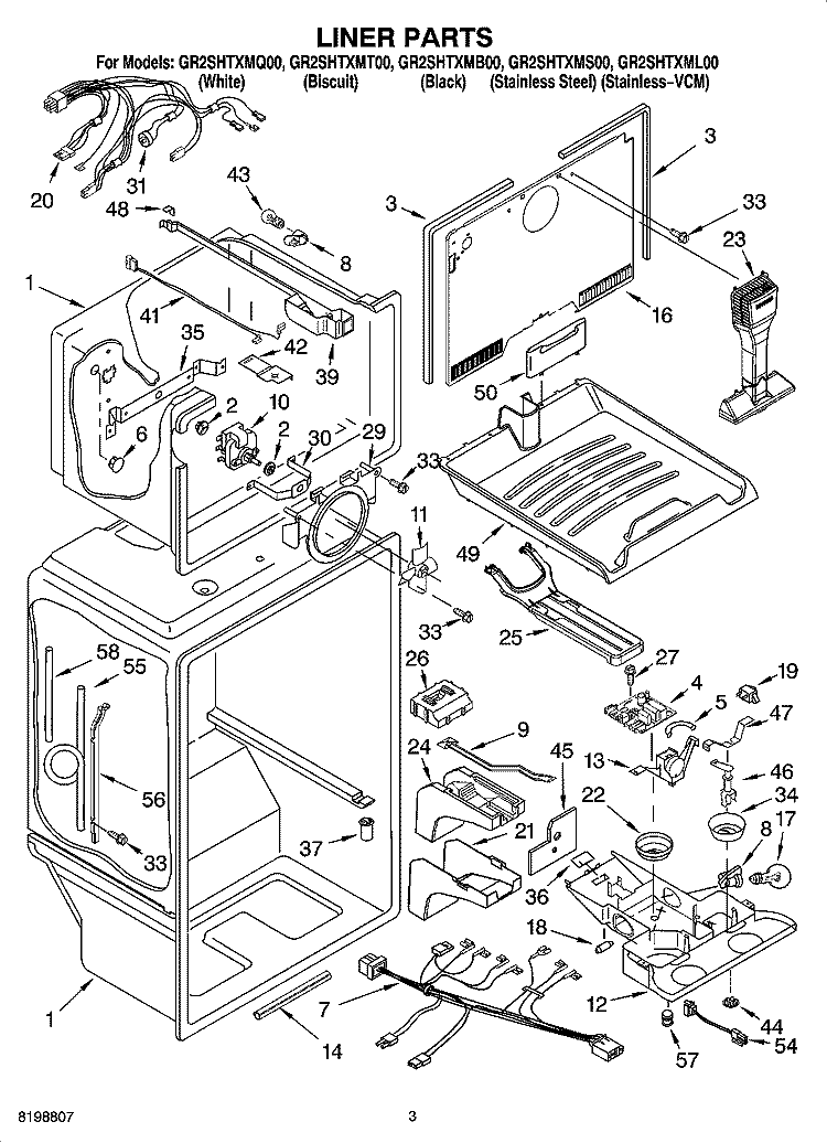 LINER PARTS Diagram and Parts List for GR2SHTXMB00  Whirlpool Refrigerator