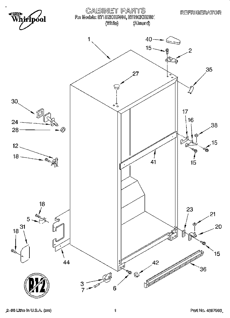 CABINET Diagram and Parts List for ET18GKXGN01  Whirlpool Refrigerator