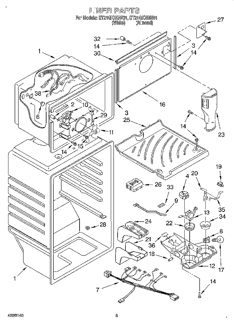 LINER Diagram and Parts List for ET21GKXGN01  Whirlpool Refrigerator