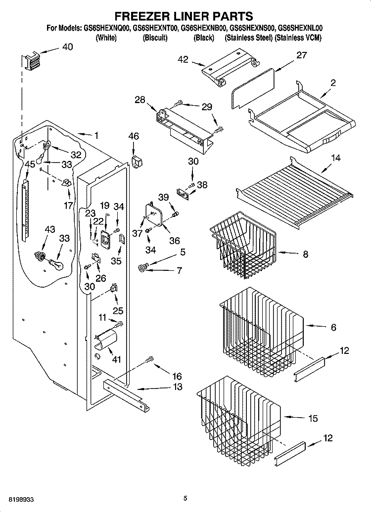 FREEZER LINER PARTS Diagram and Parts List for GS6SHEXNB00  Whirlpool Refrigerator