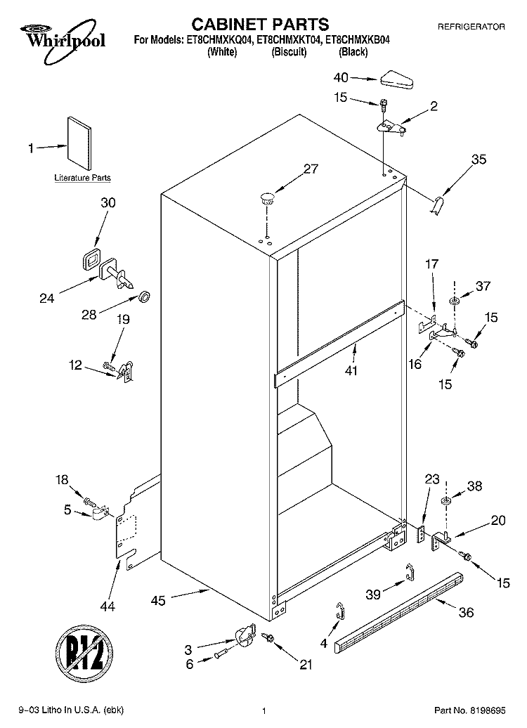 CABINET PARTS Diagram and Parts List for ET8CHMXKB04  Whirlpool Refrigerator
