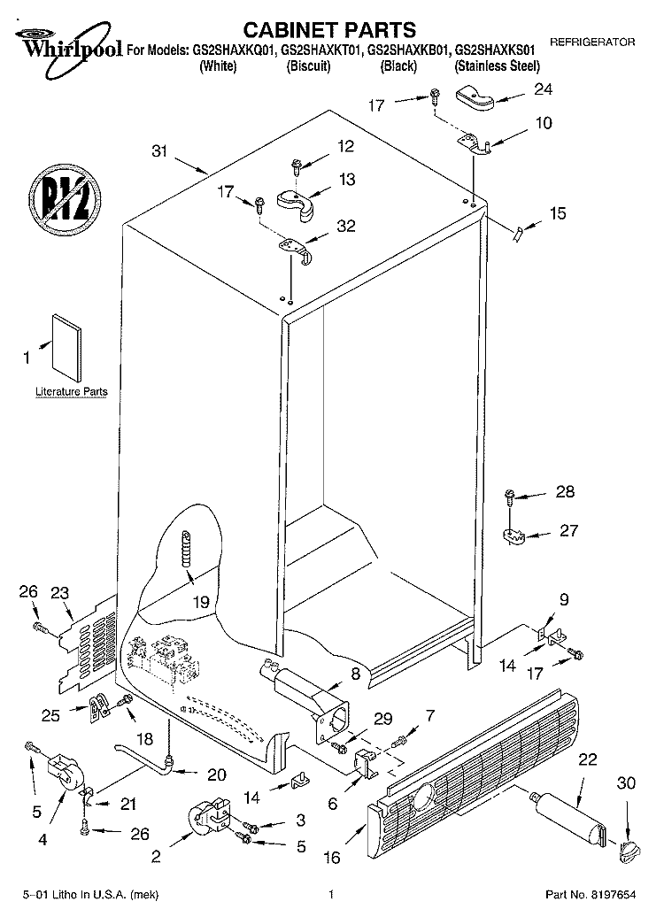CABINET, LITERATURE Diagram and Parts List for GS2SHAXKT01  Whirlpool Refrigerator
