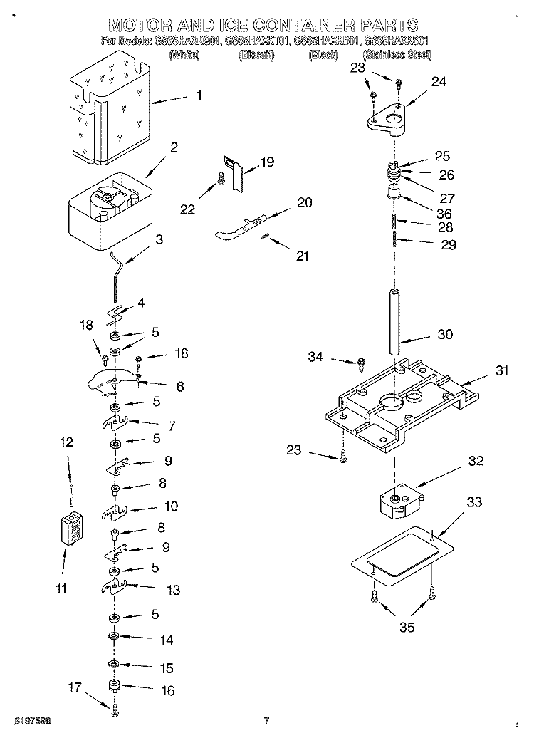 MOTOR AND ICE CONTAINER Diagram and Parts List for GS6SHAXKQ01  Whirlpool Refrigerator