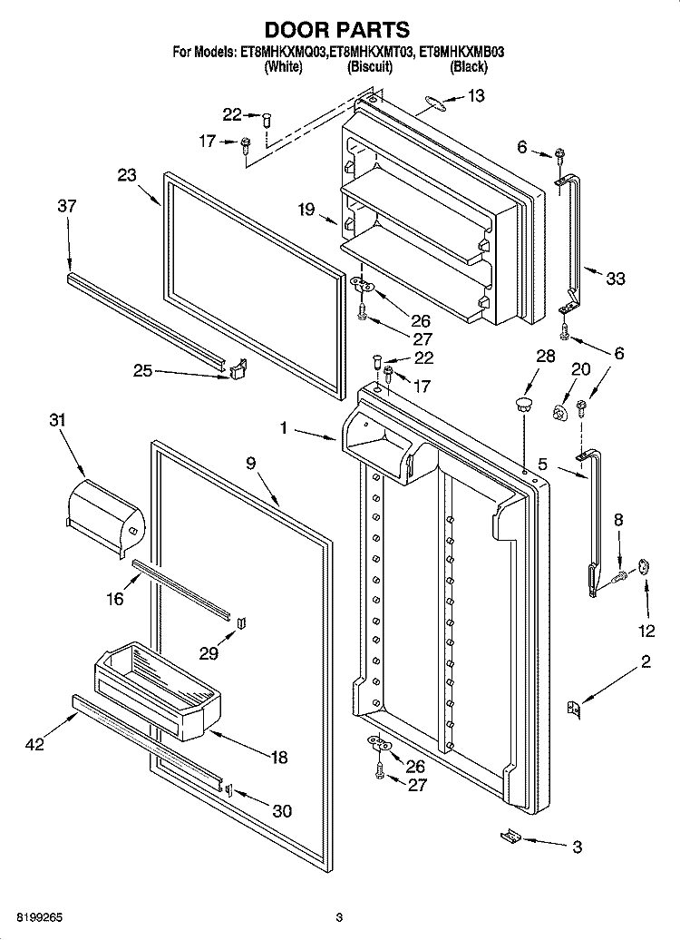 DOOR PARTS Diagram and Parts List for ET8MHKXMQ03  Whirlpool Refrigerator