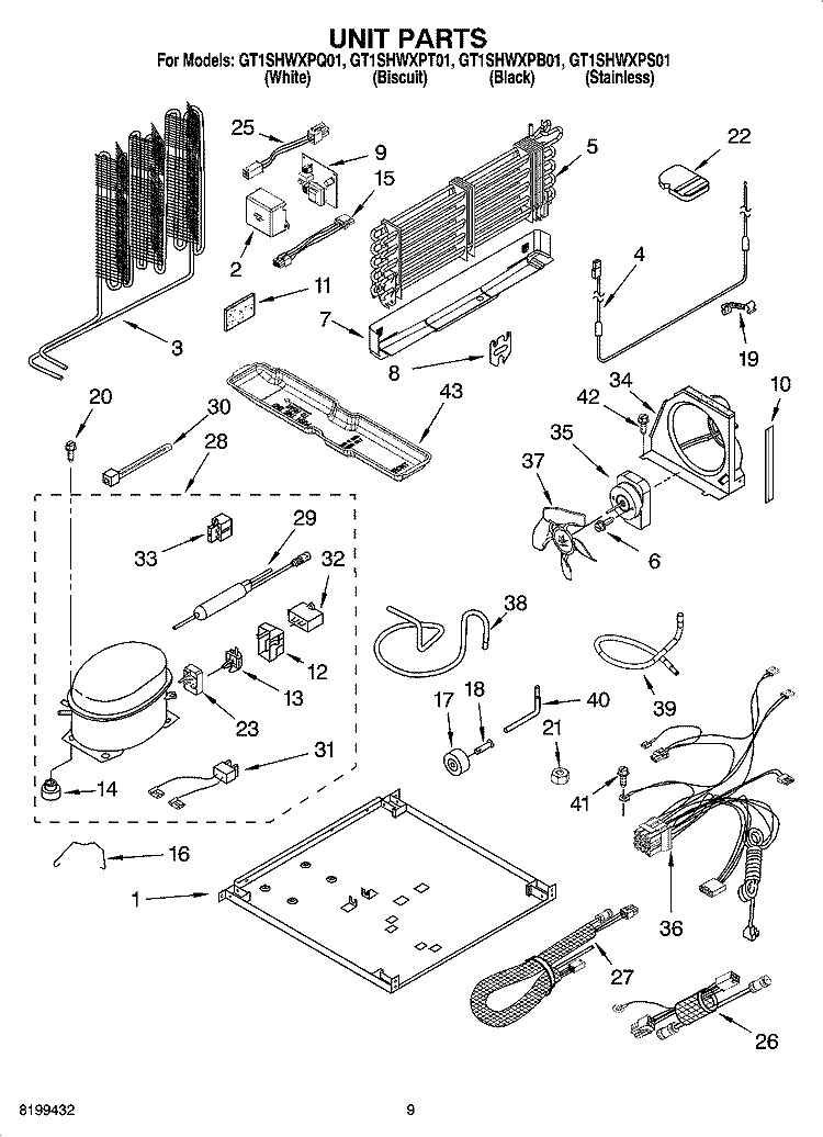 UNIT PARTS Diagram and Parts List for GT1SHWXPT01  Whirlpool Refrigerator