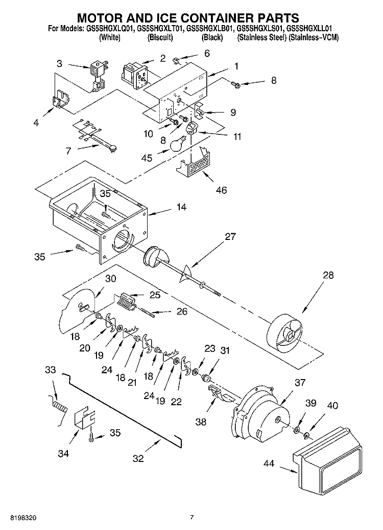 MOTOR AND ICE CONTAINER PARTS Diagram and Parts List for GS5SHGXLT01  Whirlpool Refrigerator