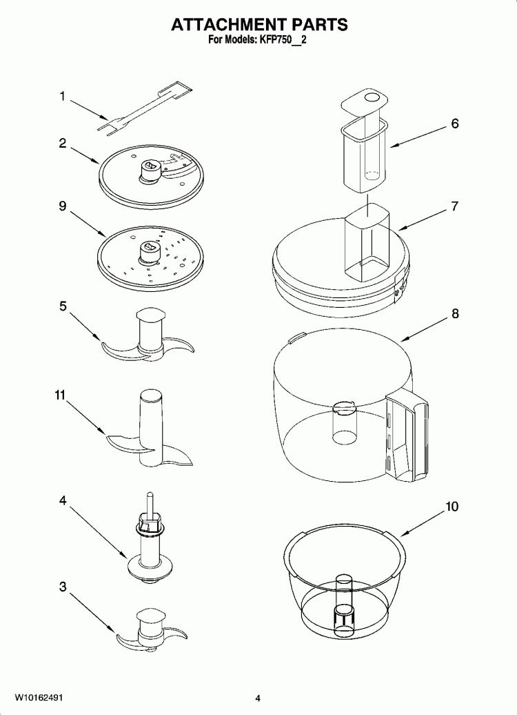 ATTACHMENT PARTS Diagram and Parts List for  KitchenAid Food Processor