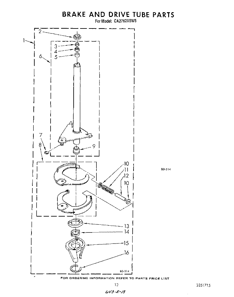 BRAKE AND DRIVE TUBE Diagram and Parts List for  Whirlpool Washer