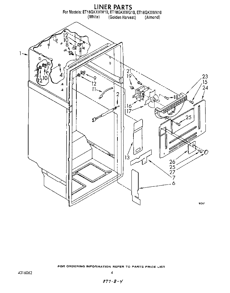 LINER Diagram and Parts List for ET18GKXWG10  Whirlpool Refrigerator