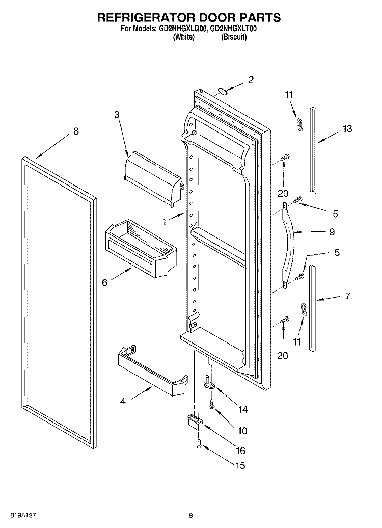 REFRIGERATOR DOOR Diagram and Parts List for GD2NHGXLT00  Whirlpool Refrigerator