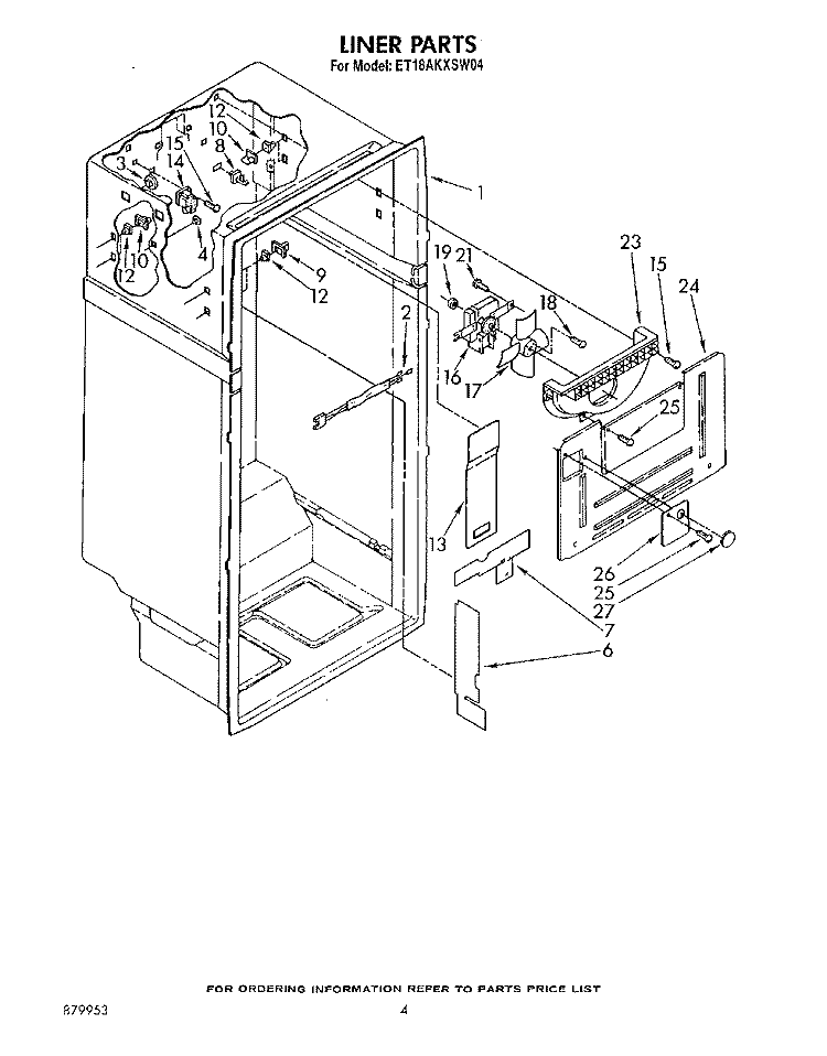 LINER Diagram and Parts List for ET18AKXSW04  Whirlpool Refrigerator