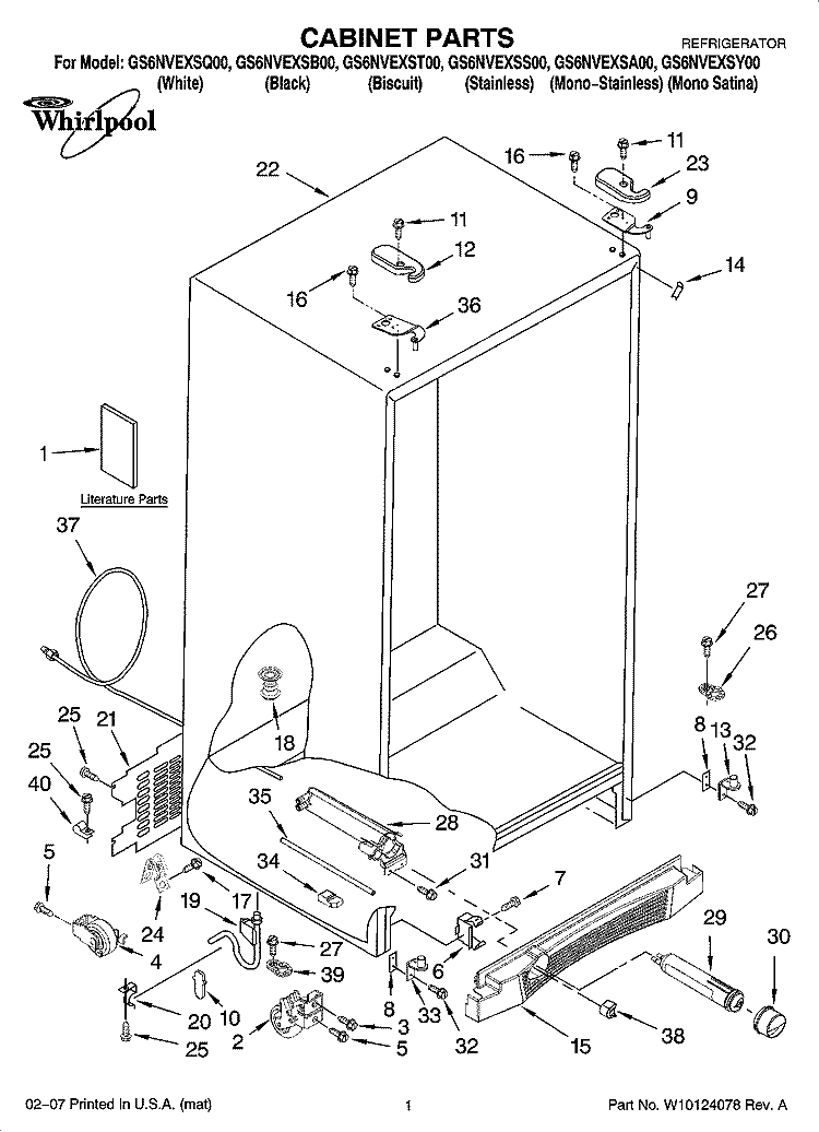 CABINET PARTS Diagram and Parts List for GS6NVEXSB00  Whirlpool Refrigerator