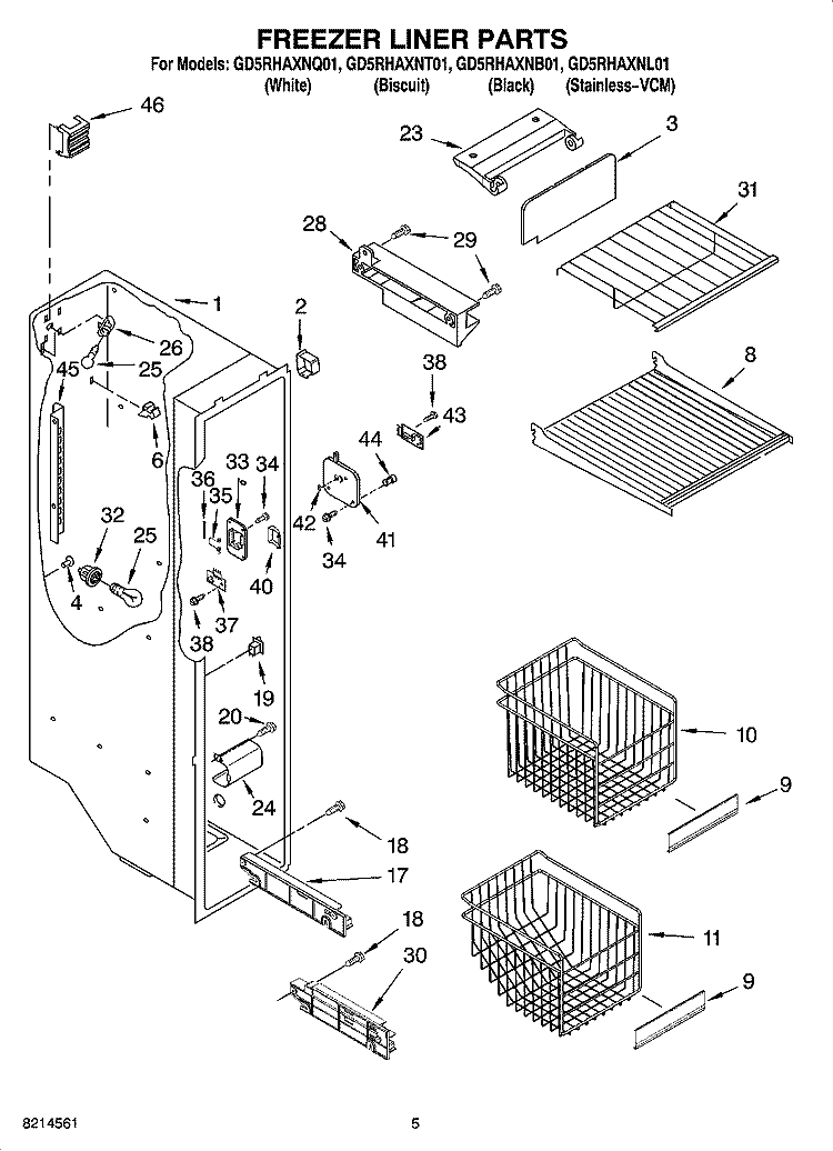 FREEZER LINER PARTS Diagram and Parts List for GD5RHAXNL01  Whirlpool Refrigerator