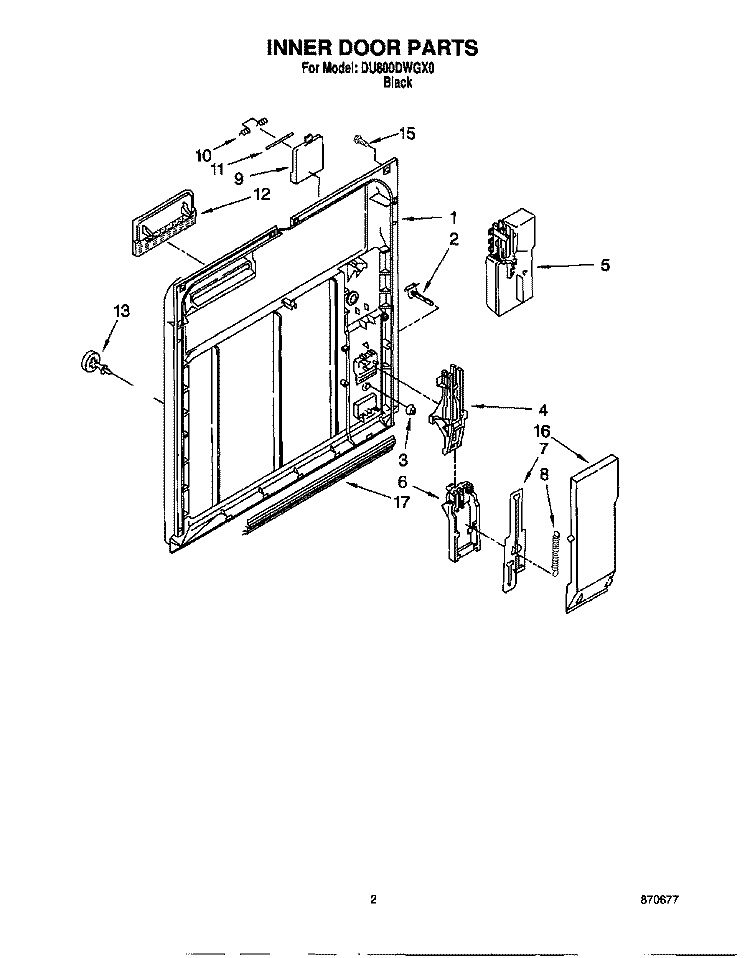 INNER DOOR Diagram and Parts List for  Whirlpool Dishwasher