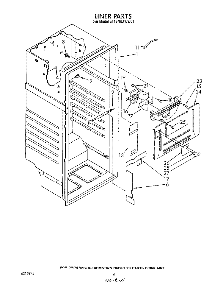 LINER Diagram and Parts List for ET18NKXWN01  Whirlpool Refrigerator