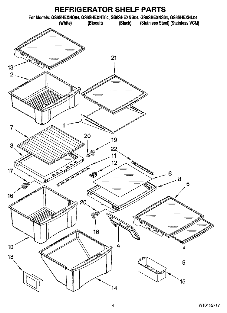 REFRIGERATOR SHELF PARTS Diagram and Parts List for GS6SHEXNQ04  Whirlpool Refrigerator