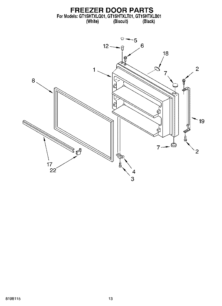FREEZER DOOR Diagram and Parts List for GT1SHTXLB01  Whirlpool Refrigerator