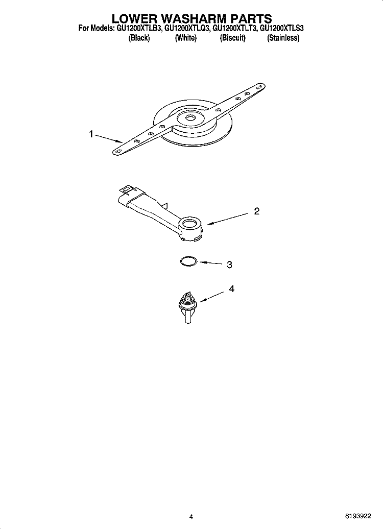 LOWER WASHARM PARTS Diagram and Parts List for  Whirlpool Dishwasher