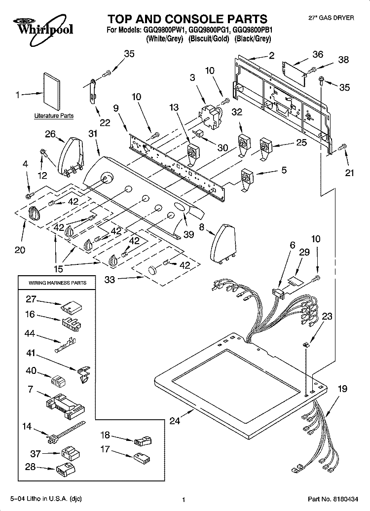 TOP AND CONSOLE PARTS Diagram and Parts List for  Whirlpool Dryer