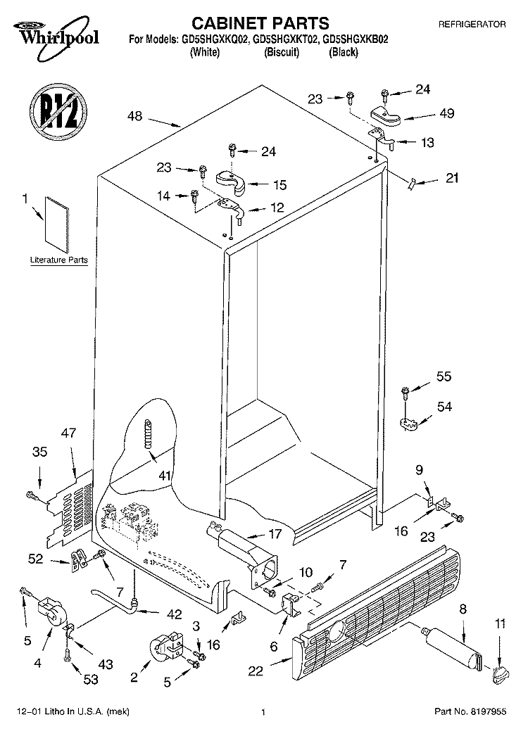 CABINET, LITERATURE Diagram and Parts List for GD5SHGXKB02  Whirlpool Refrigerator