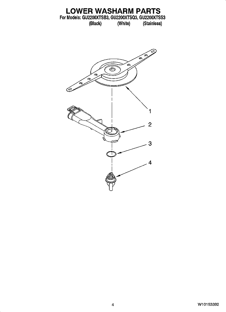 LOWER WASHARM PARTS Diagram and Parts List for  Whirlpool Dishwasher