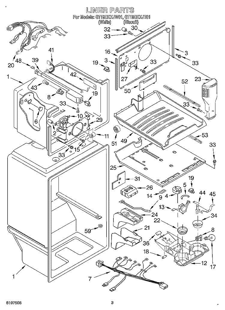 LINER Diagram and Parts List for GT19DKXJW01  Whirlpool Refrigerator