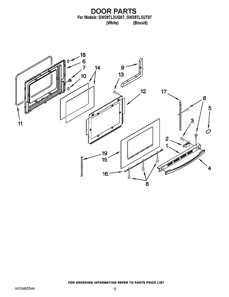 DOOR PARTS Diagram and Parts List for  Whirlpool Range