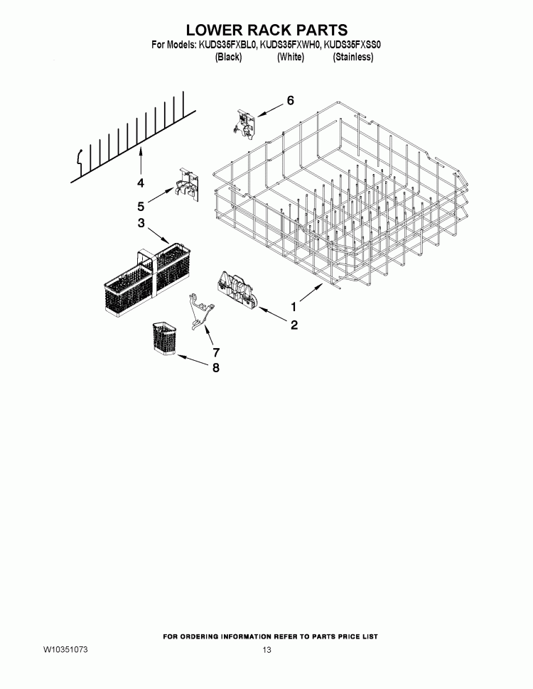 LOWER RACK PARTS Diagram and Parts List for  KitchenAid Dishwasher