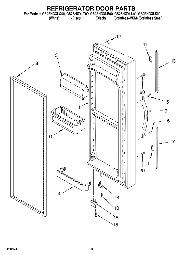 REFRIGERATOR DOOR Diagram and Parts List for GS2SHGXLS00  Whirlpool Refrigerator