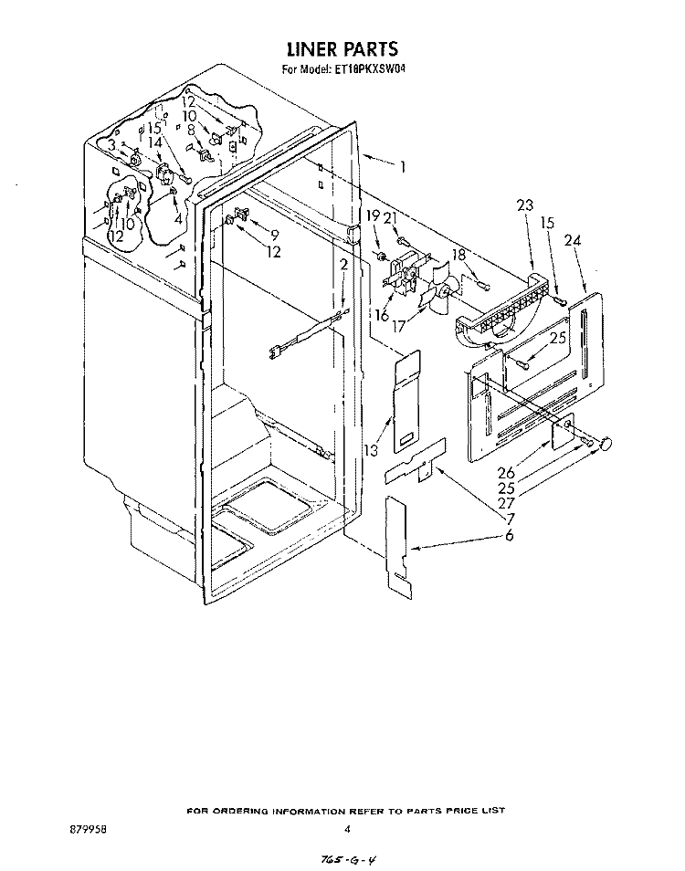 LINER Diagram and Parts List for ET18PKXSW04  Whirlpool Refrigerator