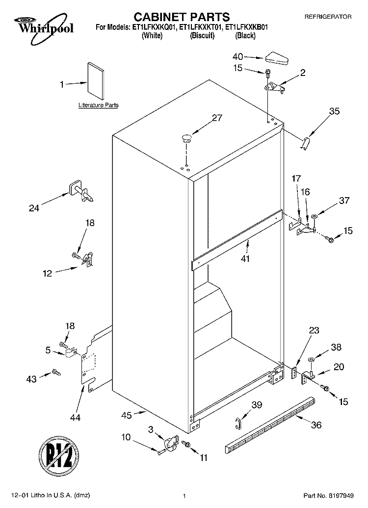 CABINET, LITERATURE Diagram and Parts List for ET1LFKXKB01  Whirlpool Refrigerator