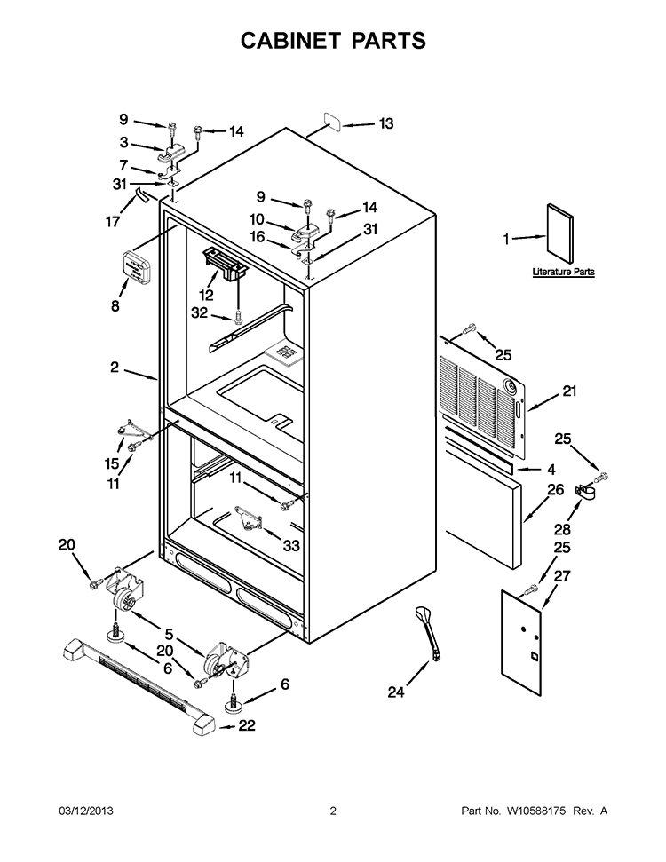 CABINET PARTS Diagram and Parts List for GX2SHBXVQ05  Whirlpool Refrigerator