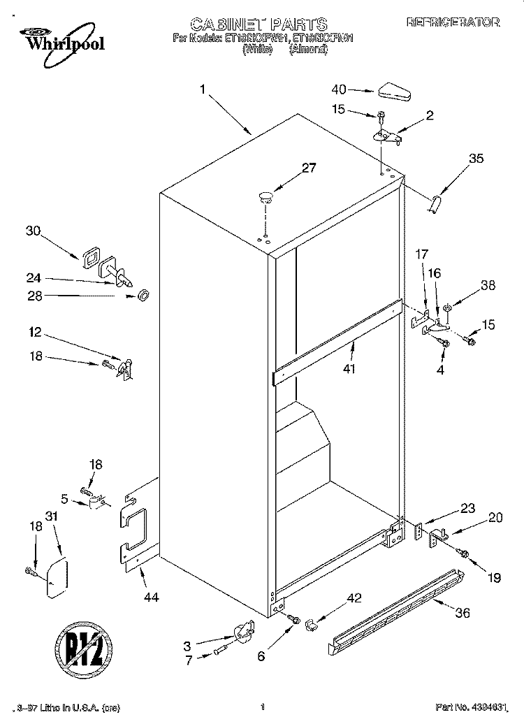 CABINET Diagram and Parts List for ET18GKXFW01  Whirlpool Refrigerator