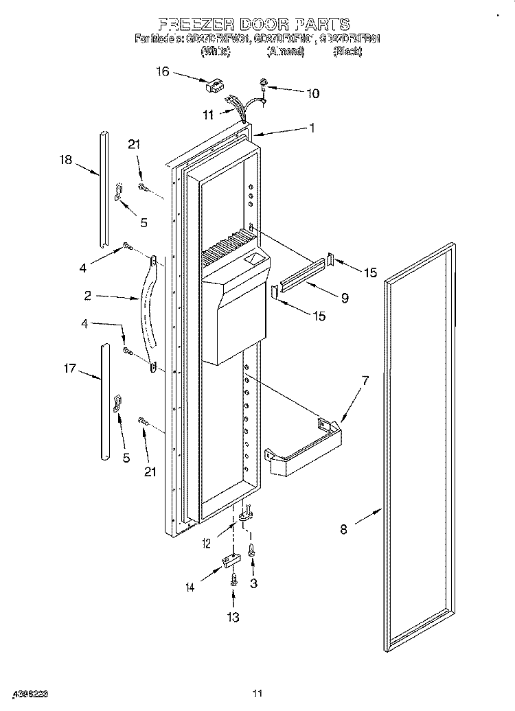 FREEZER DOOR Diagram and Parts List for GD27DFXFB01  Whirlpool Refrigerator
