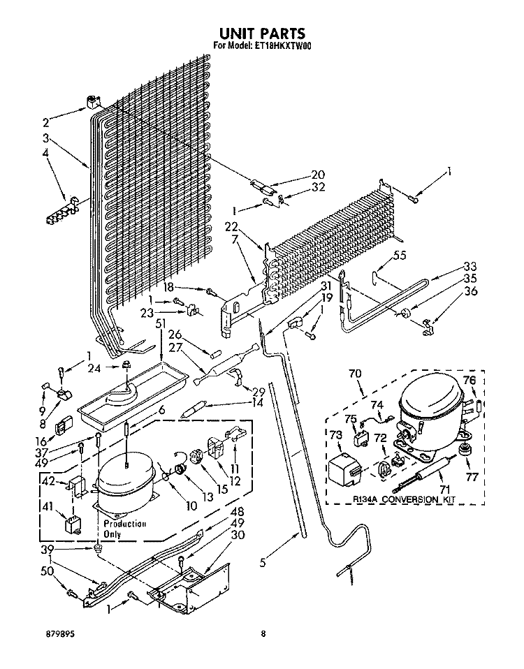 UNIT Diagram and Parts List for ET18HKXTW00  Whirlpool Refrigerator