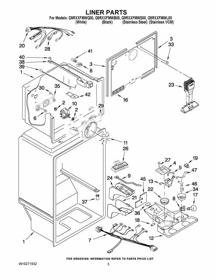 LINER PARTS Diagram and Parts List for G9RXXFMWS00  Whirlpool Refrigerator