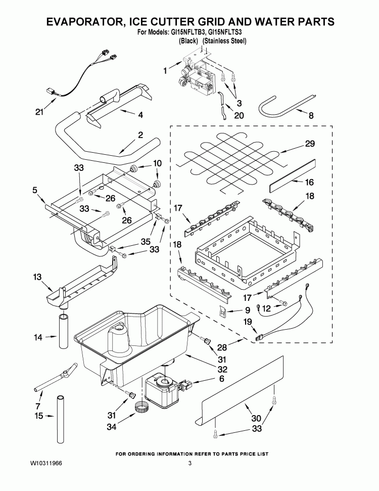 EVAPORATOR ICE CUTTER GRID AND WATER PARTS Diagram and Parts List for  Whirlpool Ice Maker