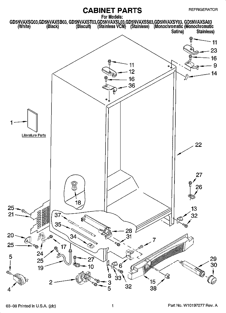 CABINET PARTS Diagram and Parts List for GD5NVAXST03  Whirlpool Refrigerator