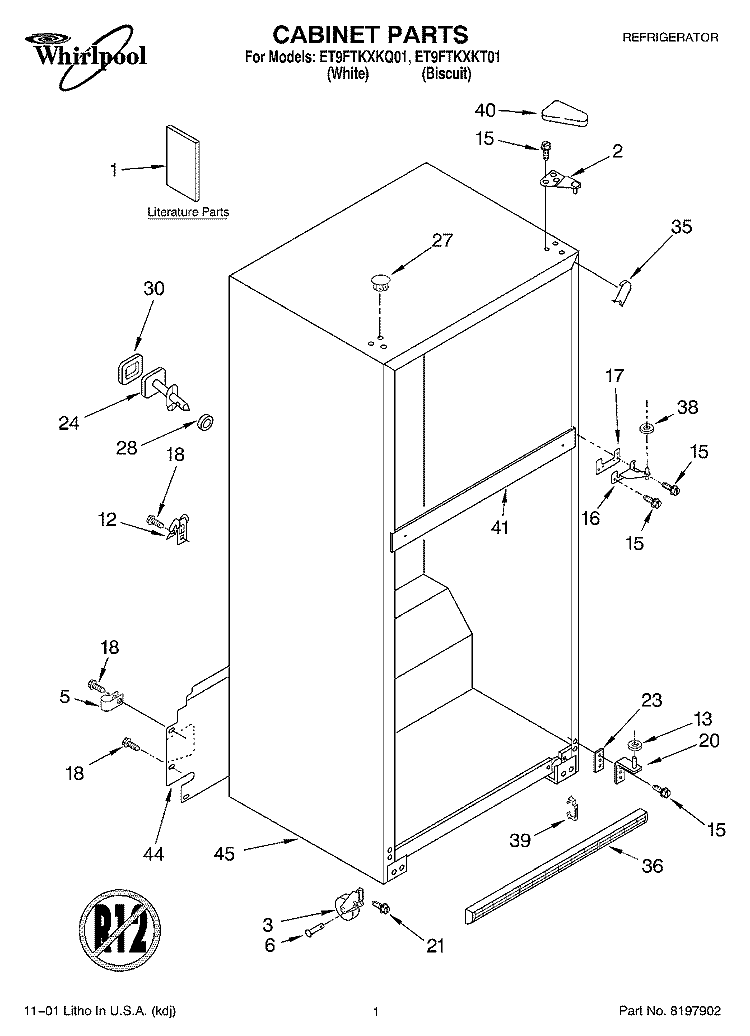 CABINET, LITERATURE Diagram and Parts List for ET9FTKXKT01  Whirlpool Refrigerator