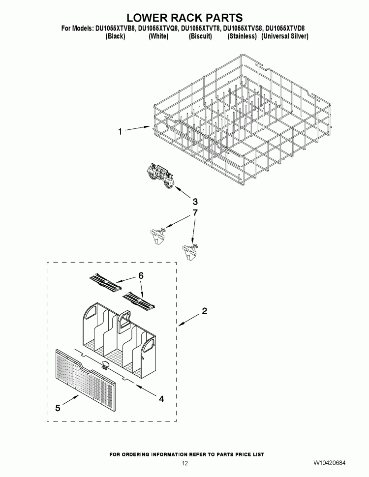 LOWER RACK PARTS Diagram and Parts List for  Whirlpool Dishwasher