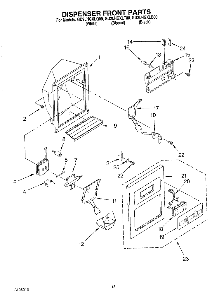 DISPENSER FRONT Diagram and Parts List for GD2LHGXLT00  Whirlpool Refrigerator