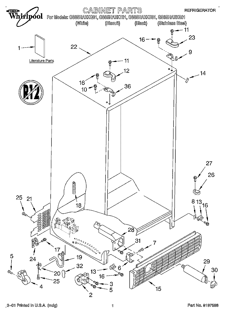 CABINET, LITERATURE Diagram and Parts List for GS6SHAXKQ01  Whirlpool Refrigerator