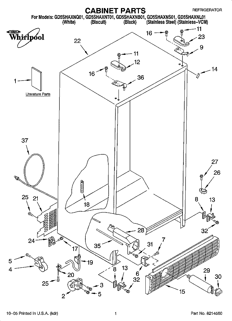 CABINET PARTS Diagram and Parts List for GD5SHAXNT01  Whirlpool Refrigerator