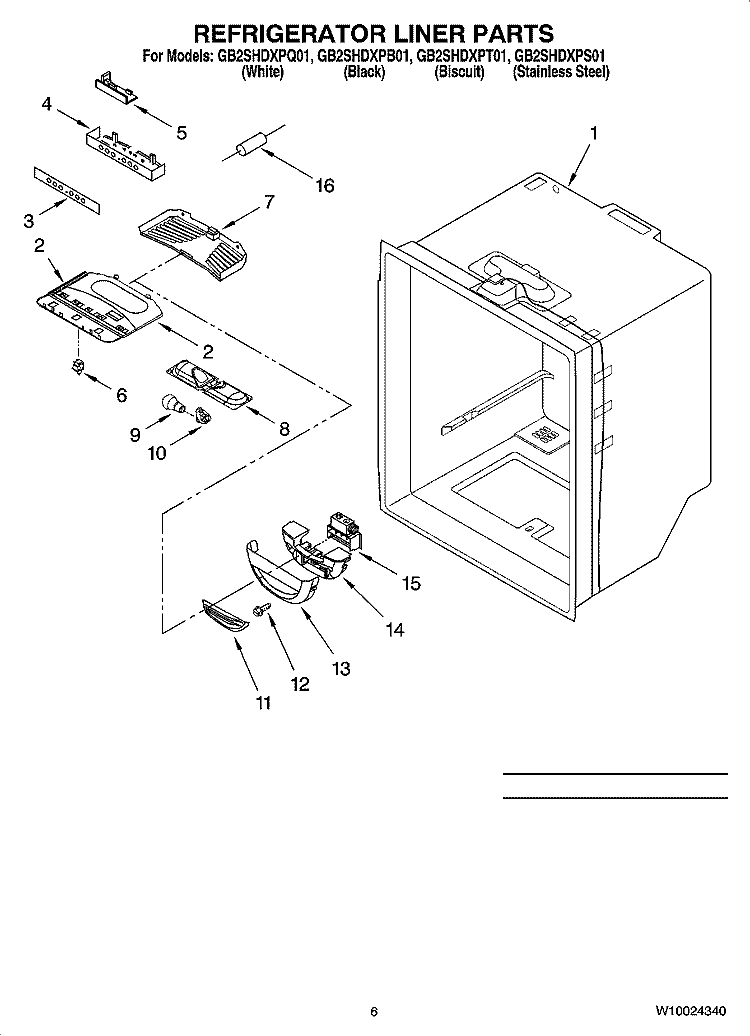 REFRIGERATOR LINER PARTS Diagram and Parts List for GB2SHDXPT01  Whirlpool Refrigerator