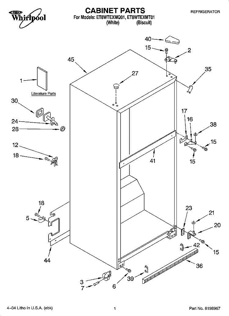 CABINET PARTS Diagram and Parts List for ET8WTEXMQ01  Whirlpool Refrigerator